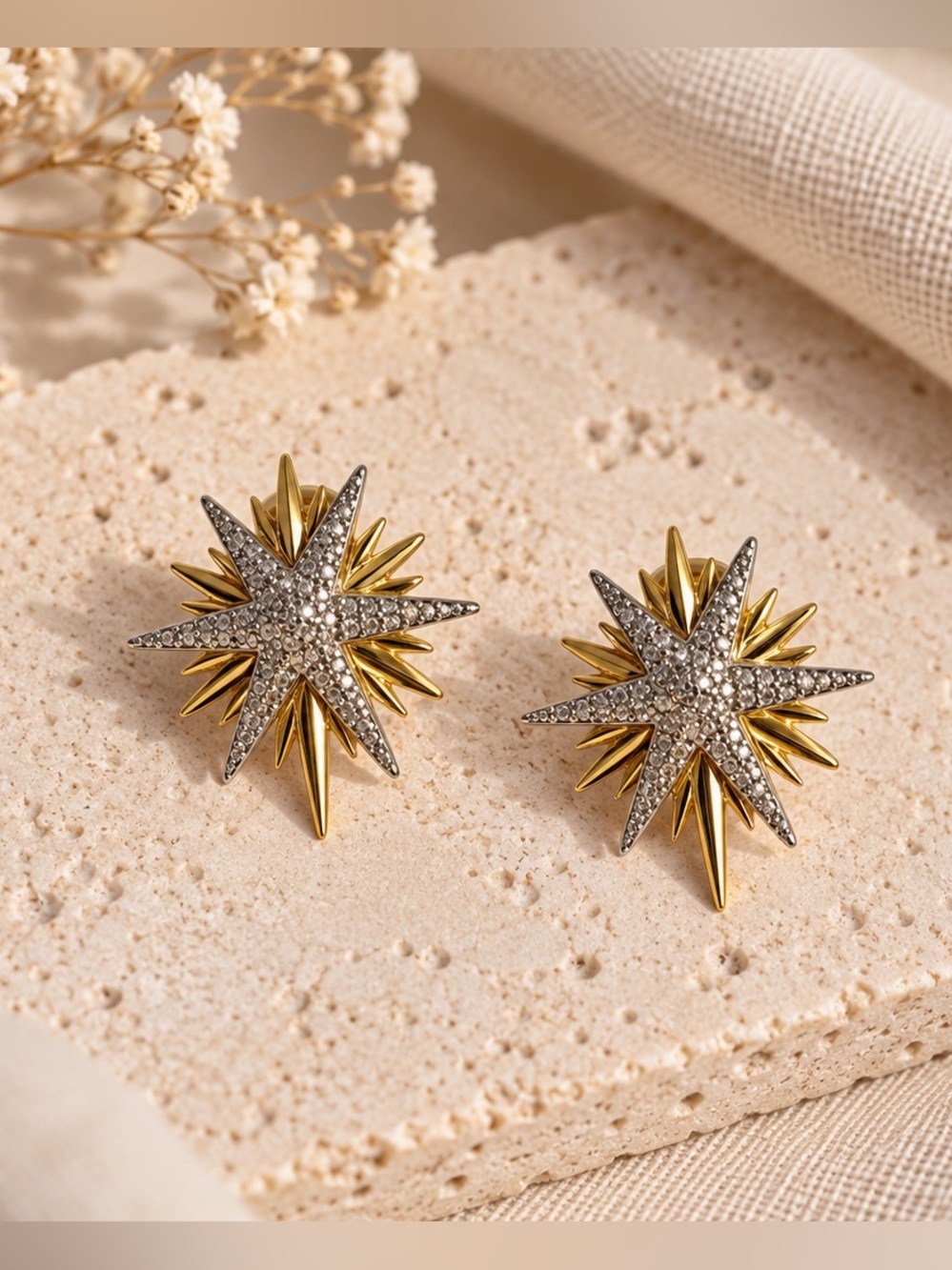 Gold & Silver Starburst Crystal Stud Earrings